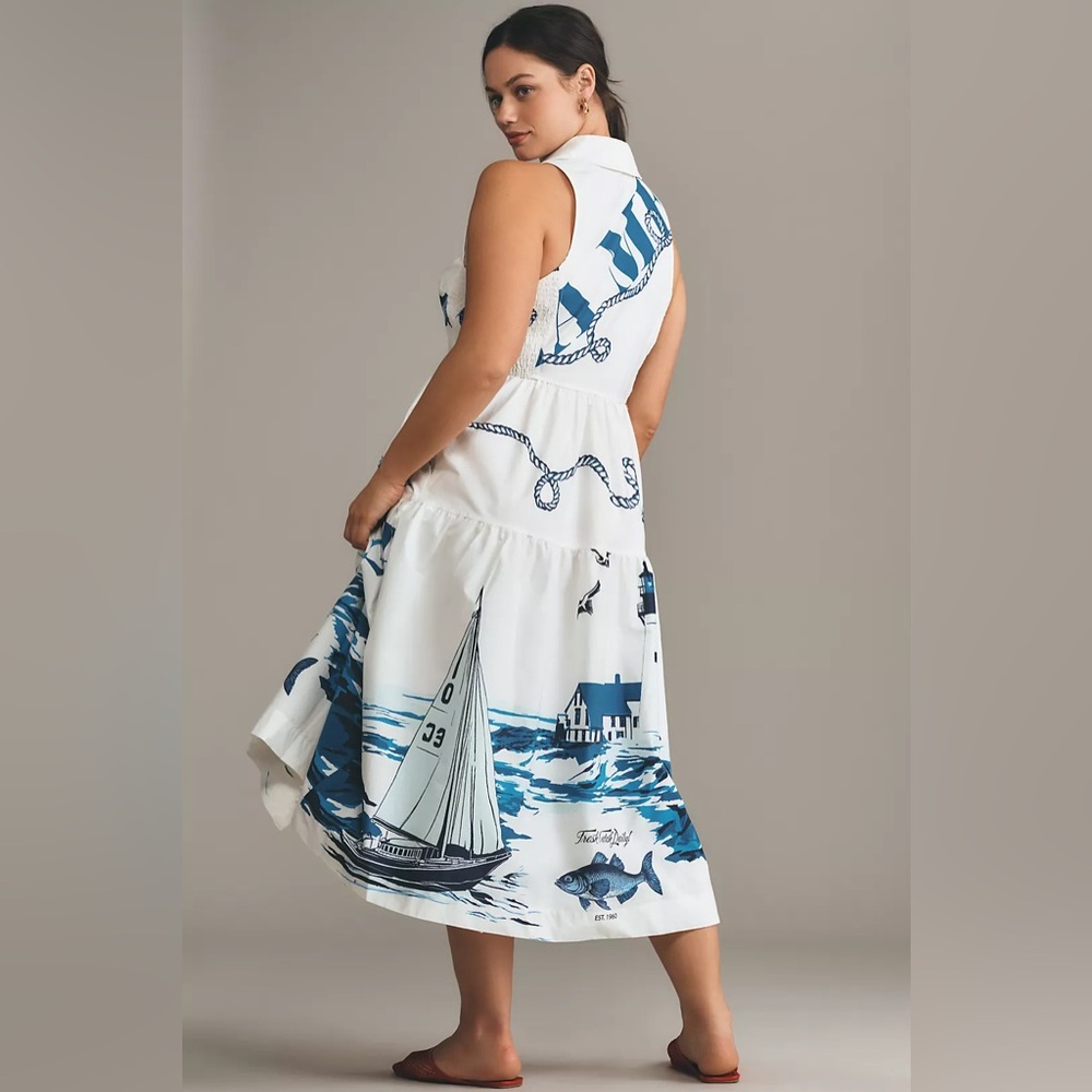Maeve Sleeveless Nautical Sea Midi Shirt Dress - Picture 8 of 12